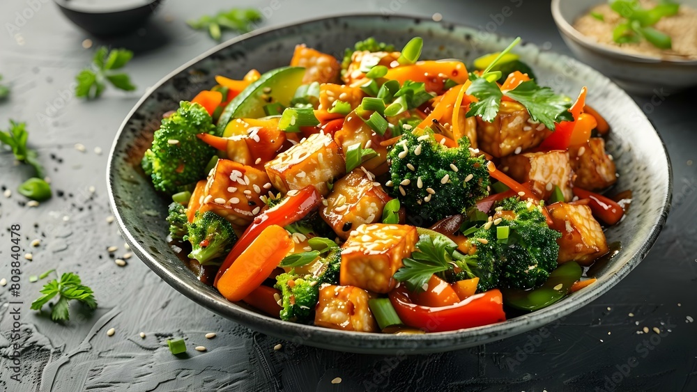 Colorful vegetable stirfry with tempeh cubes in seasoned soy sauce. Concept Tempeh Recipe, Stir-fry, Colorful Vegetables, Seasoned Soy Sauce, Healthy Cooking