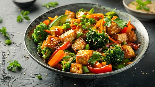 Colorful vegetable stirfry with tempeh cubes in seasoned soy sauce. Concept Tempeh Recipe, Stir-fry, Colorful Vegetables, Seasoned Soy Sauce, Healthy Cooking © Anastasiia