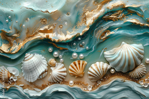 3D wall mural of sea shells and pearls with a turquoise marble background and gold details depicting waves and bubbles. Created with AI