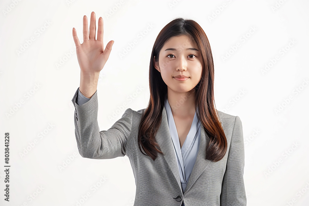 A young Japanese business woman is presented with her right hand raised, against a white background in a photo studio style. It is a high resolution photograph with real A young Japanese business woman is presented with her right hand raised, against a white background in a photo studio style. It is a high resolution photograph with real