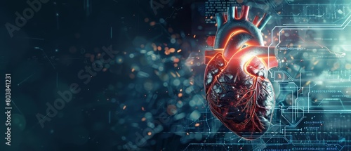 An abstract fusion of a human heart and futuristic medical machinery illustrates the integration of biotechnology and cardiology #803841231