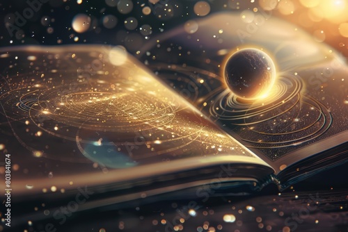 An open book reveals a meticulously detailed solar system  enhancing the futuristic science research banner with ample space for additional information
