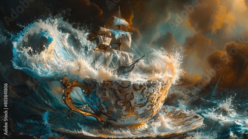 Surreal Scene of Ship Sailing in Stormy Waves Inside Ornate Teacup