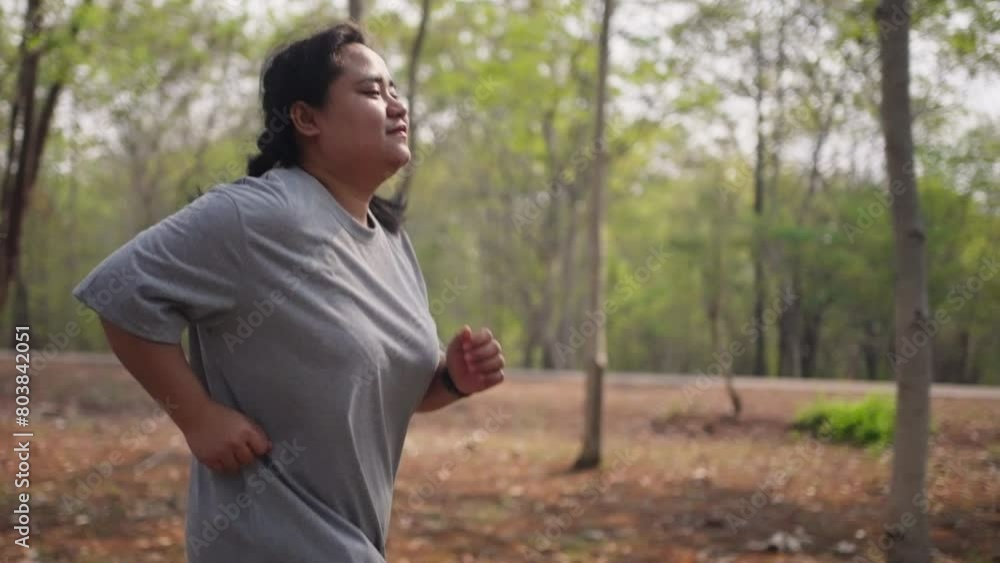 Happy overweight young woman running alone at public running park, trying to control her weight Happy overweight young woman running alone at public running park, trying to control her weight