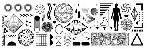 Set of graphic geometric assets with a pixelated shape. Vector stipple element in retro futuristic style. Isolated illustration for stickers, poster, collage, design template.