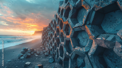 Black sand beach, a series of round black basalt columns stand in the foreground with cracked edges and holes at their base. Created with AI