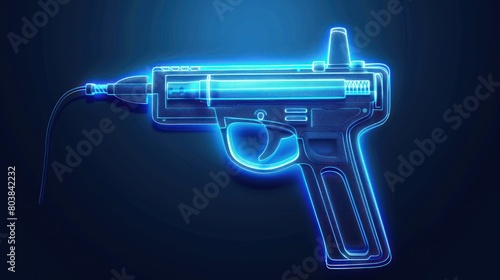 Glowing neon Electric hot glue gun icon isolated on brick wall background. photo