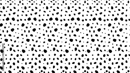 Seamless dalmatian animal horizontal pattern. Vector illustration with random ink black spots on white background. Spotted fur animal texture of dog, leopard, cow. Hipster polka dot print