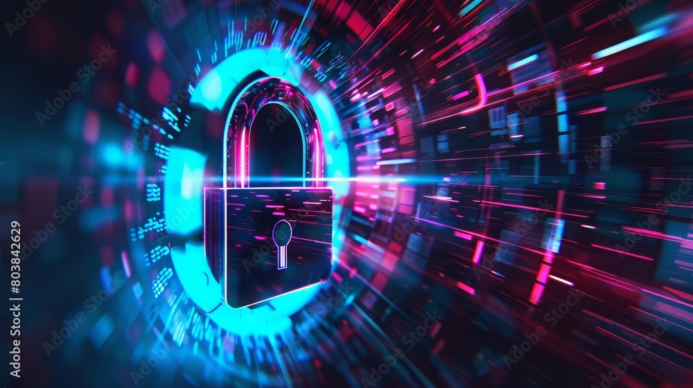 Creative digital padlock hologram displayed in a techdriven security concept, Sharpen banner template with copy space on center Creative digital padlock hologram displayed in a techdriven security concept, Sharpen banner template with copy space on center