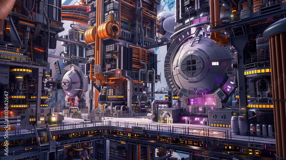 A space colony manufacturing facility producing advanced technology and equipment A space colony manufacturing facility producing advanced technology and equipment