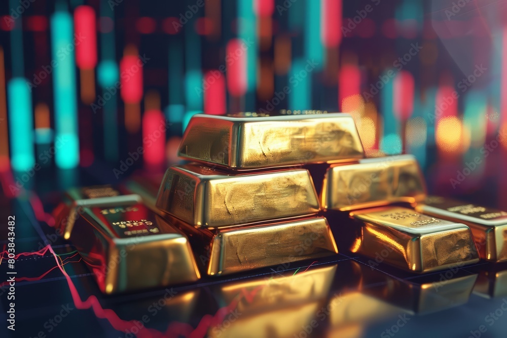 Gold bars stack up against a backdrop of rising stock graphs, symbolizing financial growth, Sharpen banner template with copy space on center Gold bars stack up against a backdrop of rising stock graphs, symbolizing financial growth, Sharpen banner template with copy space on center