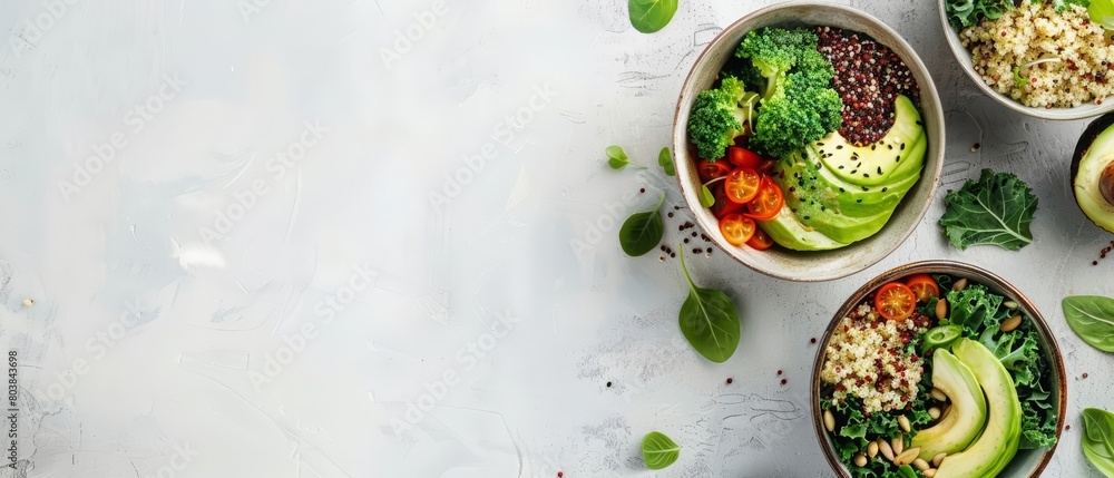 Healthy vegan bowls packed with quinoa, avocado, and kale offer a nutritional boost, with solid background and copy space on center for advertise Healthy vegan bowls packed with quinoa, avocado, and kale offer a nutritional boost, with solid background and copy space on center for advertise