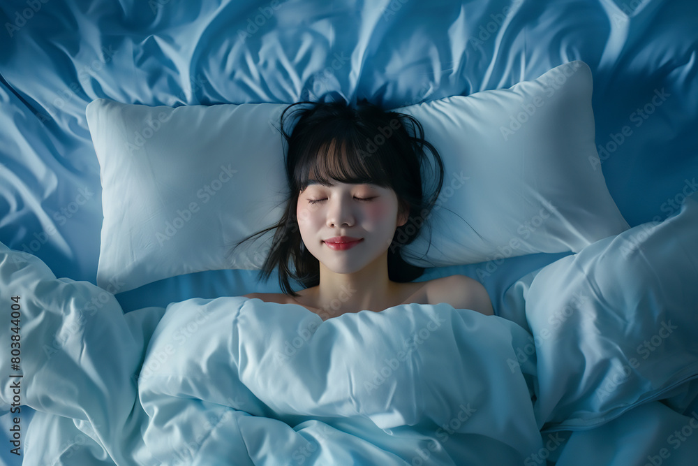 Beautiful Japanese woman sleeping in bed with a white pillow and blue duvet cover, shown from above. She is smiling while sleeping. High resolution photography. Realistic skin texture and natu Beautiful Japanese woman sleeping in bed with a white pillow and blue duvet cover, shown from above. She is smiling while sleeping. High resolution photography. Realistic skin texture and natu