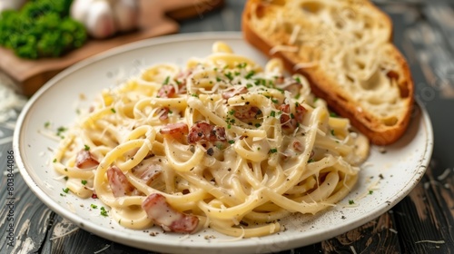 Indulge in Italian cuisine with a plate of perfectly cooked pasta carbonara and a side of garlic bread, with solid background and copy space on center for advertise
