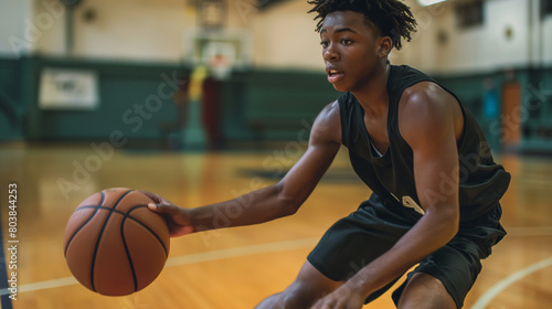 A young male basketball player his eyes focused and determination evident, basketball player holding ball