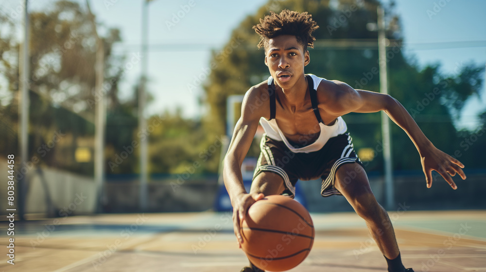 A young male basketball player, his eyes focused and determination evident, skillfully dribbles the ball on the basketball court in a display of athleticism and agility A young male basketball player, his eyes focused and determination evident, skillfully dribbles the ball on the basketball court in a display of athleticism and agility