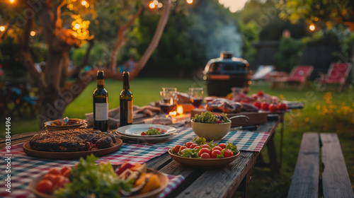 Against the backdrop of a rustic backyard, a wooden table is set with a vibrant checkered cloth, where savory BBQ meat cooks on the grill, surrounded by bowls of colorful salads and bottles of wine