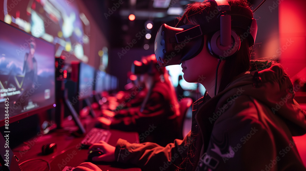 A virtual reality gaming hub where players engage in immersive experiences A virtual reality gaming hub where players engage in immersive experiences