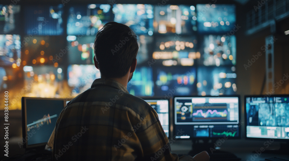 Within the confines of a control room, a seasoned engineer focuses intently on analyzing a state-of-the-art AI dashboard, which offers comprehensive insights and predictive analytics Within the confines of a control room, a seasoned engineer focuses intently on analyzing a state-of-the-art AI dashboard, which offers comprehensive insights and predictive analytics
