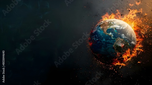 Global warming concept with globe on fire against dark background . Concept Global Warming, Climate Change, Environment, Earth in Crisis, Climate Emergency