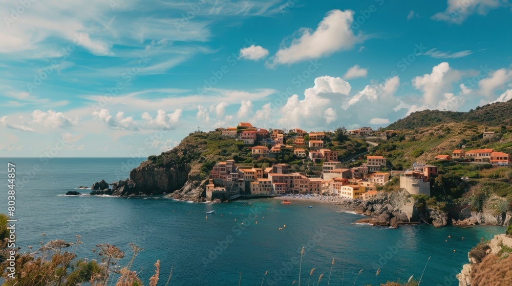 beautiful view of coastal village on hill with sea with houses and bright blue clouds