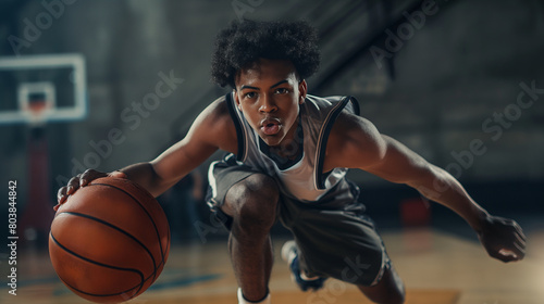 a basketball court a young male player displays his dribbling finesse and precision, the ball bouncing rhythmically beneath his fingertips as he glides across the court with agility and speed