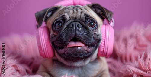 Happy cute pug dog wearing pink headphones against a pink background. Created with Ai © zee