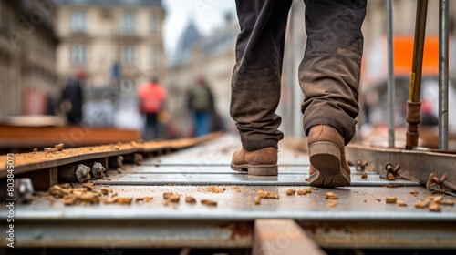 Close up view of construction worker walking on metal platform at the building site