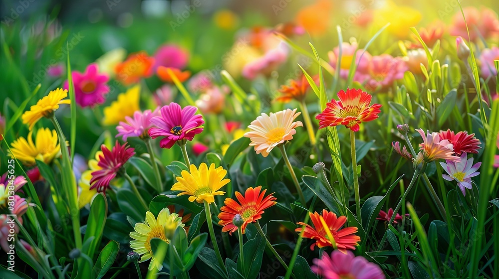 Colorful garden daisies blooming in sunlit field