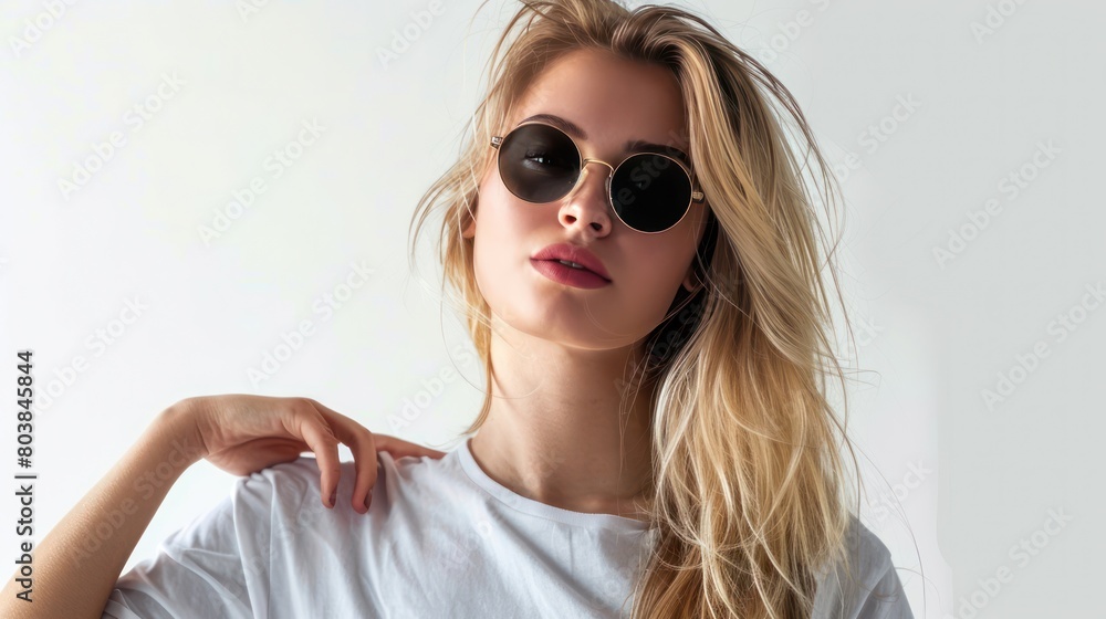 Attractive young blonde woman shows confidence in a blank t-shirt and stylish sunglasses on a pristine white background. Attractive young blonde woman shows confidence in a blank t-shirt and stylish sunglasses on a pristine white background.