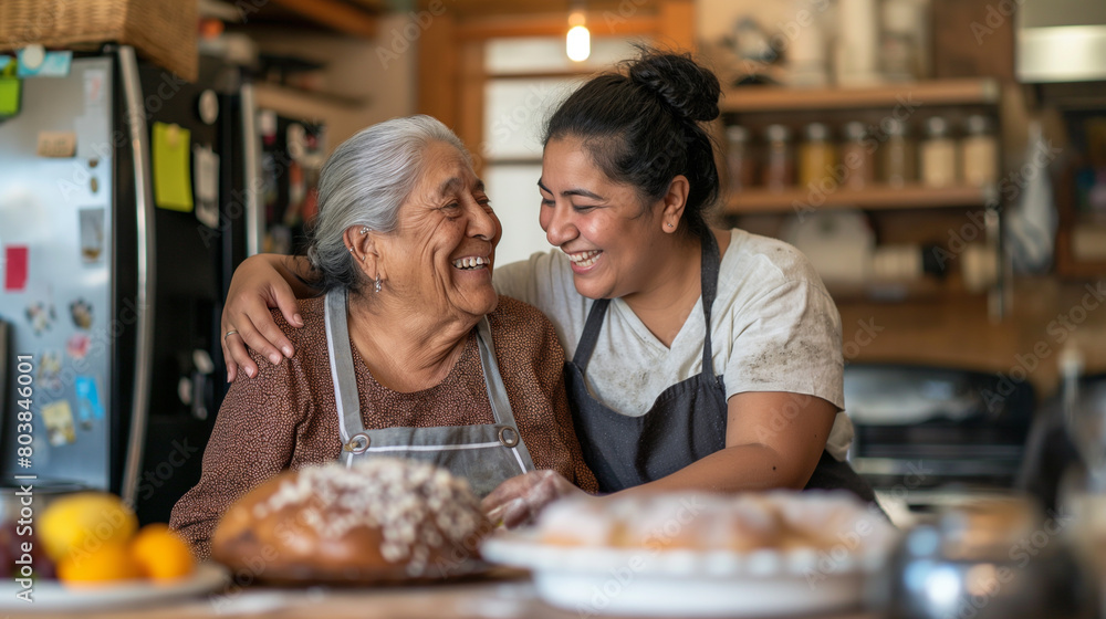 a busy kitchen, a cheerful Latina grandmother and her adult daughter, both dressed in colorful aprons, share a warm embrace at the table, their laughter blending with the aromas of home