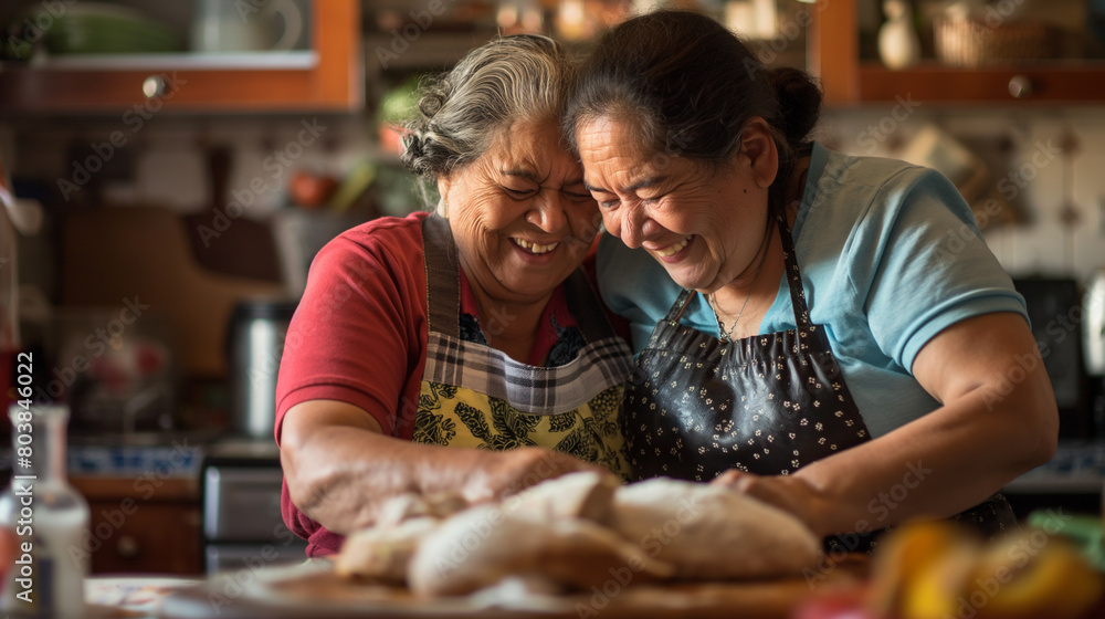 the lively backdrop of a bustling kitchen, a cheerful Latina grandmother and her adult daughter, both adorned in aprons, share a heartwarming embrace at the table