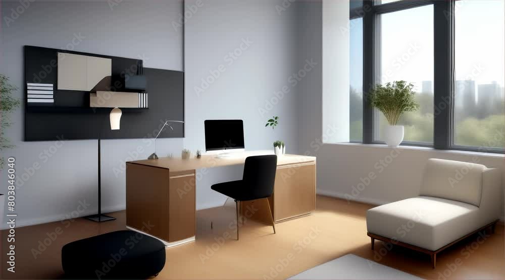 Modern living room and home office interior with furniture, tables, chairs, and ample natural light Modern living room and home office interior with furniture, tables, chairs, and ample natural light