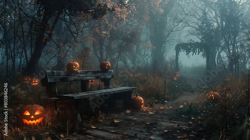 A misty forest at dusk, with sinister shadows cast by eerie Jack O' Lanterns surrounding an abandoned wooden bench on Halloween night. photo
