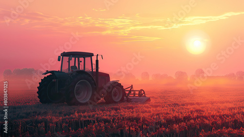 Idyllic farming scene with a tractor working in the field during a beautiful sunset, showcasing rural life and agriculture.