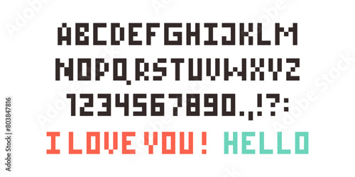 Pixel font set. Letter and numeral units of a digital image or graphic for computer display. Pixel alphabet 