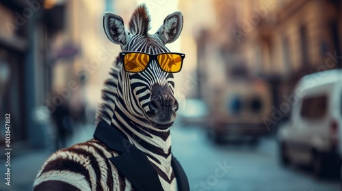 Fashionable zebra strides through city streets in tailored elegance, epitomizing street style. The realistic urban backdrop frames this black-and-white beauty, seamlessly merging wild charm with conte © Дмитрий Симаков