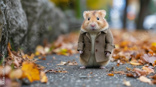 Stylish hamster navigates city streets with tailored finesse, embodying street style. The realistic urban backdrop frames this fashionable rodent, seamlessly merging small-scale charm with contemporar