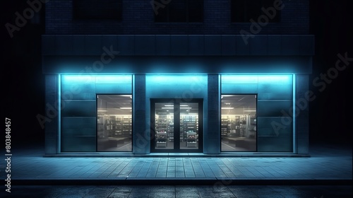 3D rendering of a neon corridor with a door and a palm tree