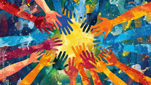 Multicolored hands around a sun, symbolizing unity and diversity