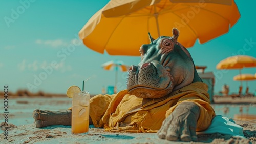 A Hippos in human clothes lies on a sunbathe on the beach  on a sun lounger  under a bright sun umbrella  drinks a mojito with ice from a glass glass with a straw  smiles  summer tones  bright rich co