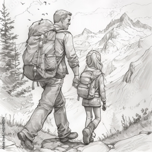 Father and daughter go hiking pencil draw