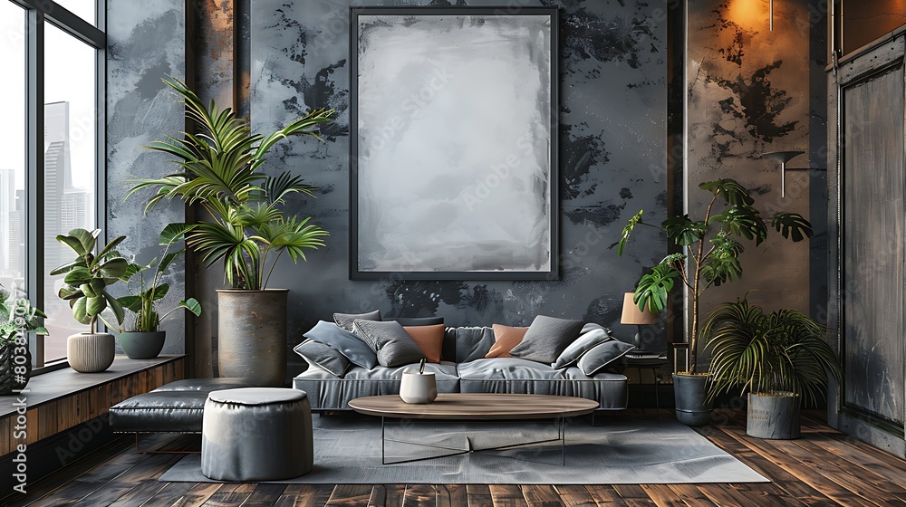 Experience a sleek and modern home office setup with a large blank poster mockup hanging directly behind a stylish desk. Experience a sleek and modern home office setup with a large blank poster mockup hanging directly behind a stylish desk.