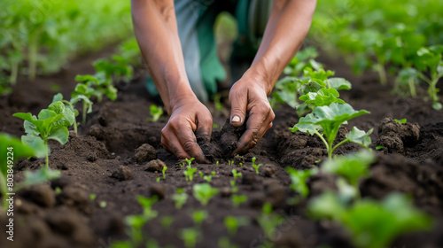 
Amidst rows of thriving plants on a regenerative organic farm, farmers stoop to collect soil samples, their hands gently cradling the earth, symbolizing the interconnectedness between healthy soil an photo