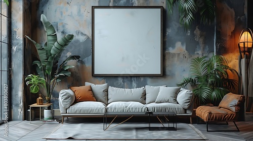 Explore a tastefully decorated minimalist living room with a large blank poster mockup positioned over an elegant sofa. photo