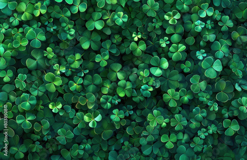 A background of green shamrocks, each with three leaves and four heart-shaped petals for St Patrick's Day celebration