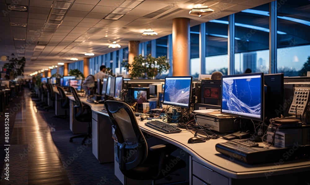 Row of Computer Monitors on Desk Row of Computer Monitors on Desk