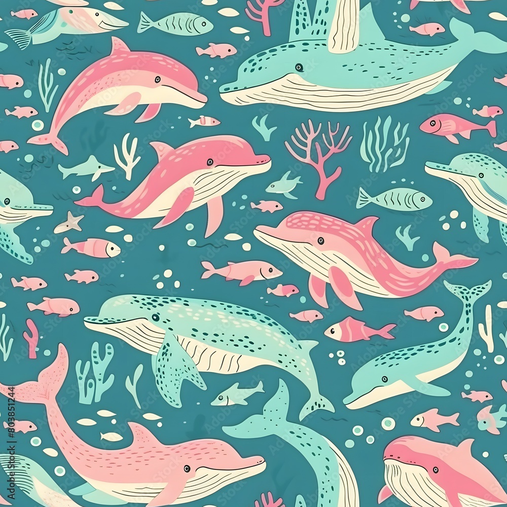whales and fish pattern in turquoise with pink accents whales and fish pattern in turquoise with pink accents
