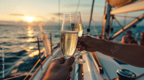  Amidst the tranquil expanse of the open sea, a group of friends enjoys a day of sailing on a luxurious yacht, their laughter mingling with the sound of gentle waves as they toast with champagne © Jhati