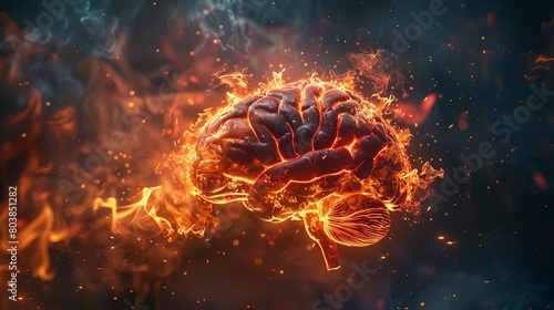 A depiction of a brain consumed by flames against a dark background photo